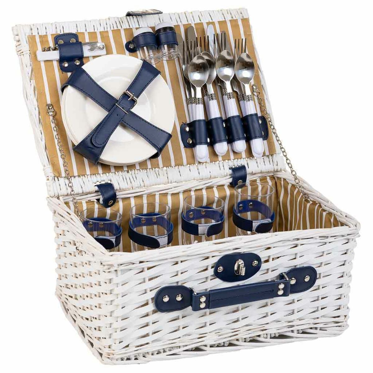 Cesta de Picnic de Mimbre Blanco con Detalles Azul Marino Alexandra House Living