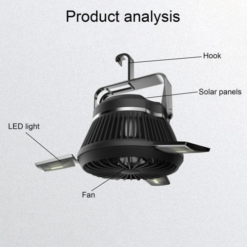 Ventilador plegable, linterna solar LED portátil para camping con gancho. DiSALMA ADVENTURE