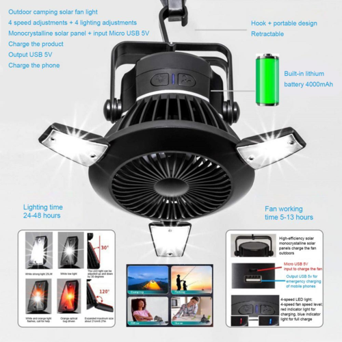 Ventilador plegable, linterna solar LED portátil para camping con gancho. DiSALMA ADVENTURE