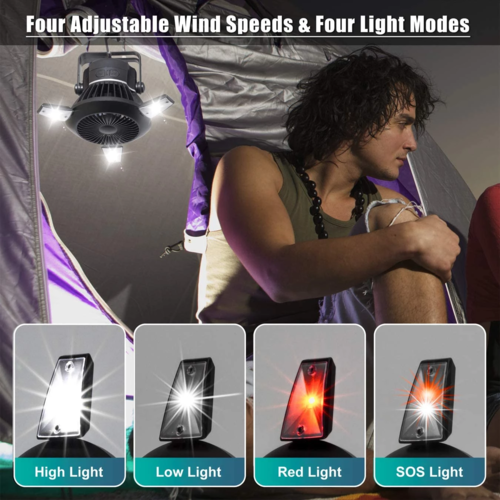 Ventilador plegable, linterna solar LED portátil para camping con gancho. DiSALMA ADVENTURE