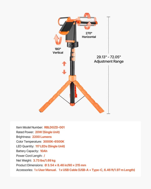 Linterna de trabajo LED con soporte, 10 Ah, linterna de camping inalámbrica recargable. DiSALMA