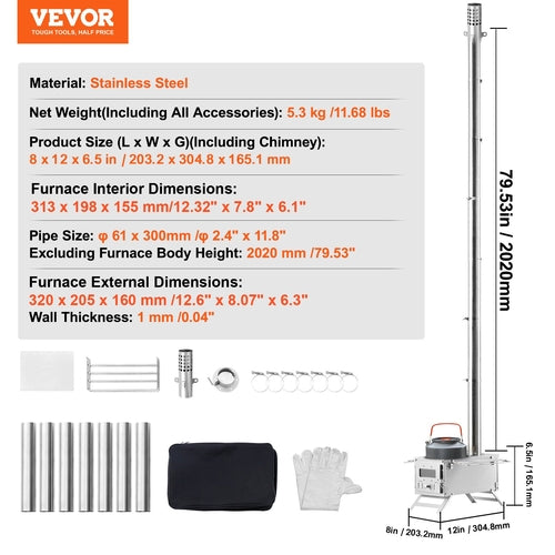 Estufa de leña, 203,20 cm, estufa de acero inoxidable para tiendas de campaña, portátil. DiSALMA ADVENTURE