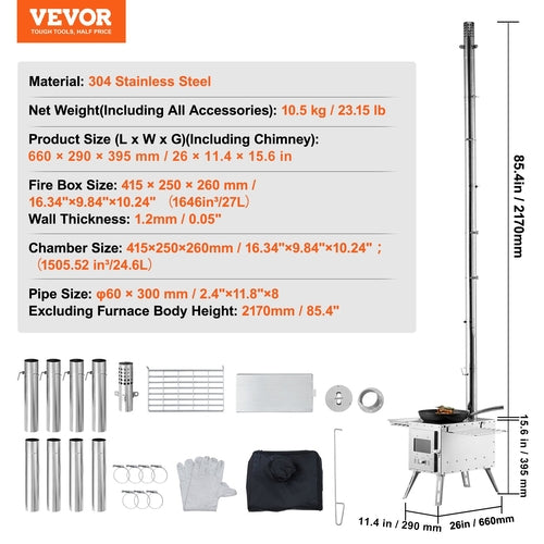 Estufa de leña, 218,44 cm, estufa de acero inoxidable para tiendas de campaña, portátil. DiSALMA ADVENTURE